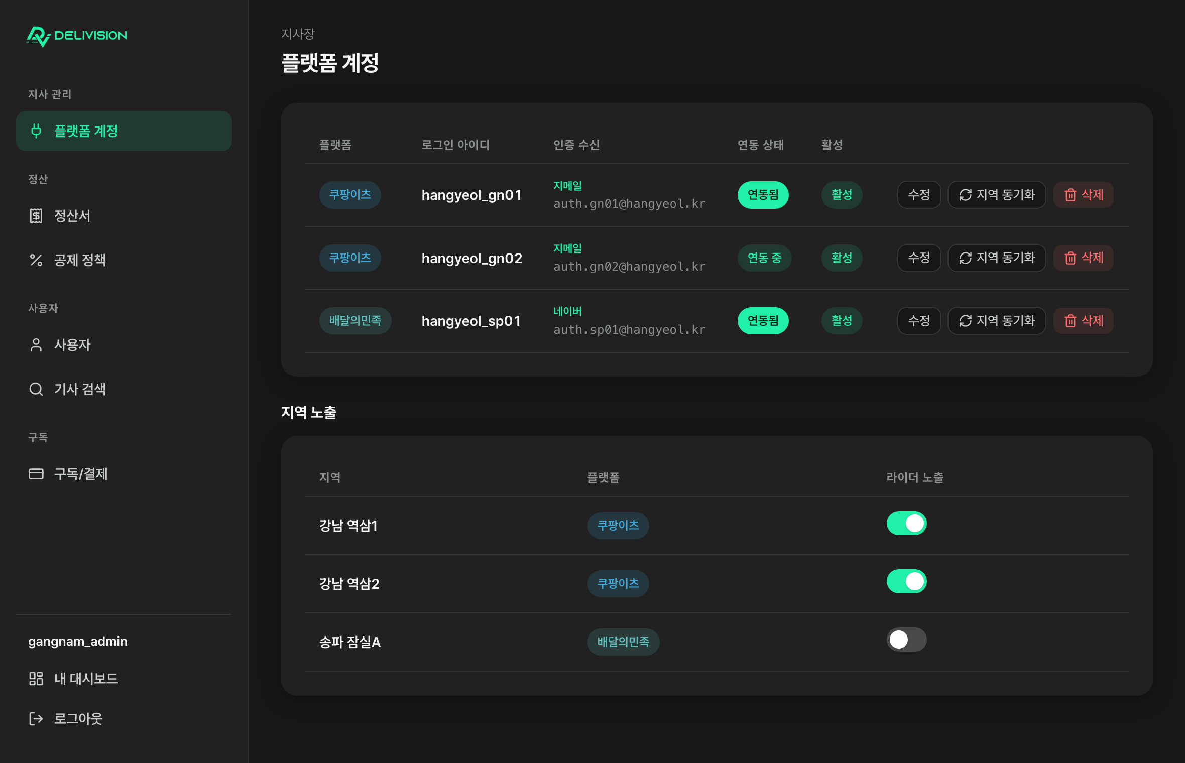 딜리비전 관리자 콘솔 — 플랫폼 계정 연동 화면